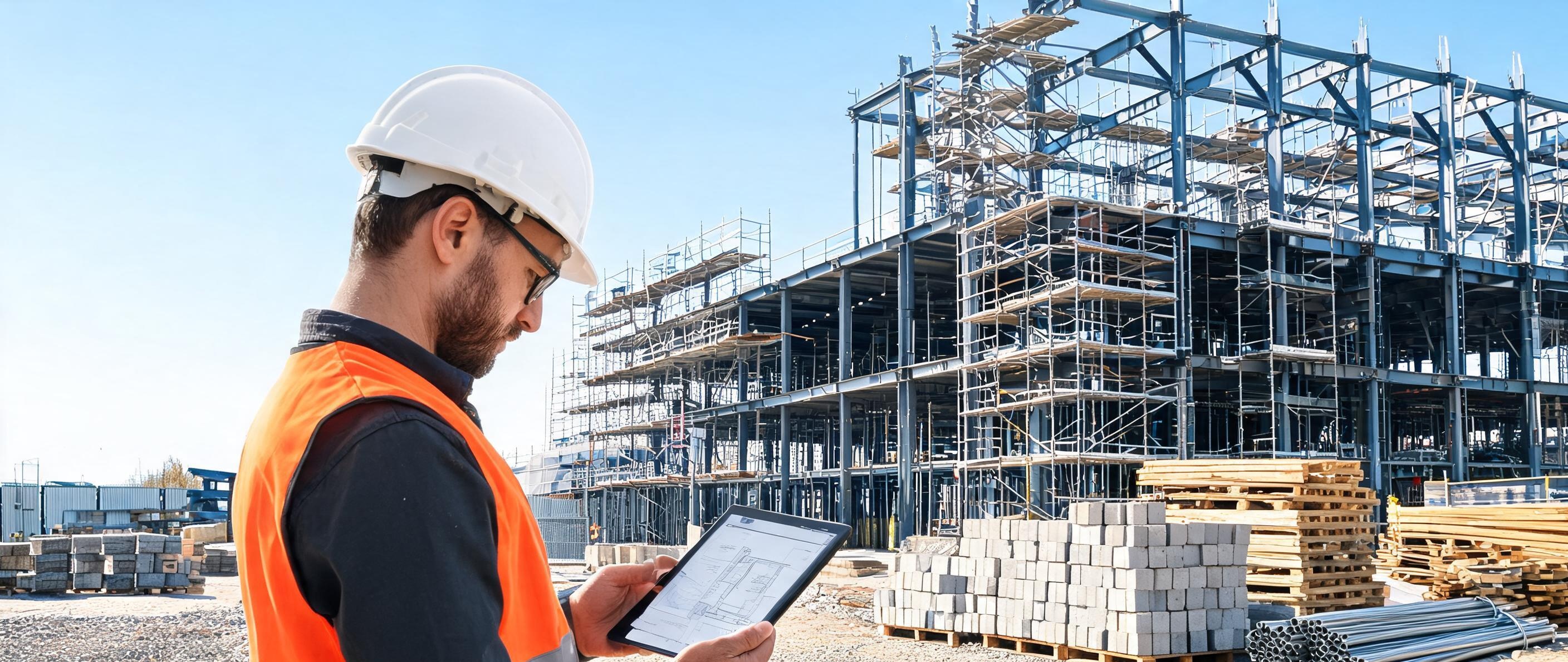 Construction site manager reviewing building plans on a tablet with steel structure and materials behind