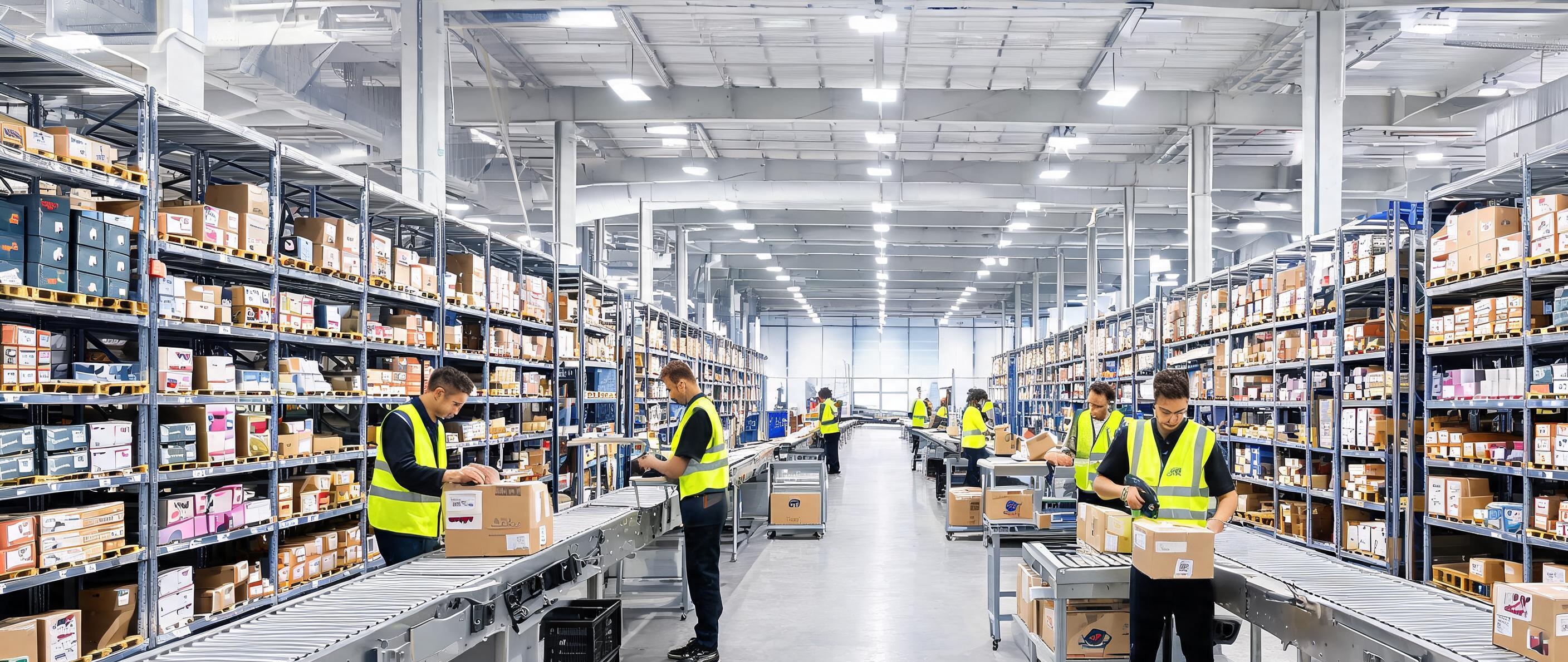 Cross-border e-commerce fulfilment warehouse with workers packing parcels on a conveyor line