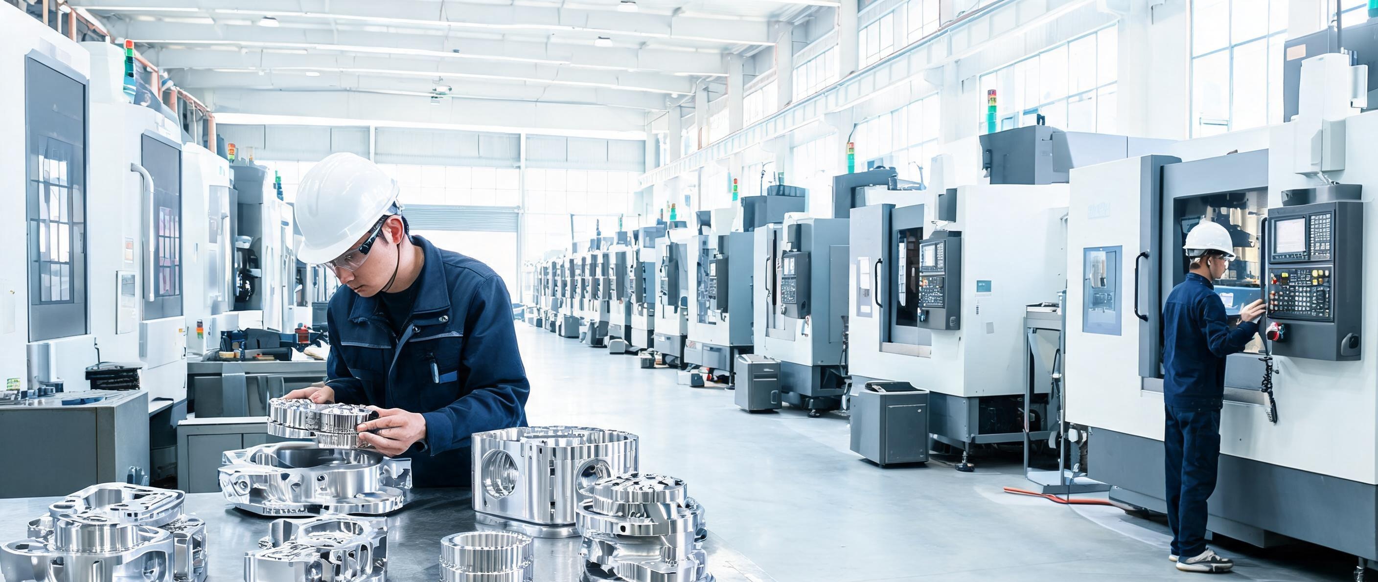 Precision machinery manufacturing production floor with CNC machining centers and engineers inspecting components